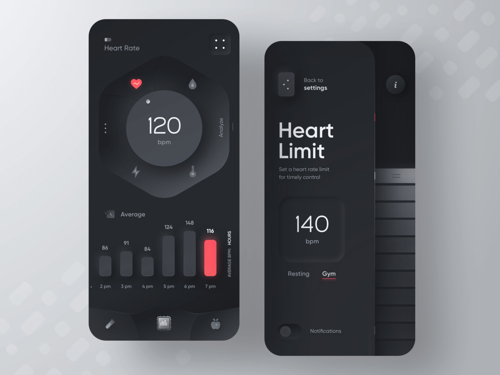 Interface de aplicativo de exercícios estilo smartwatch, com indicadores de atividade e design neumorphism